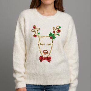 NWOT KELA Raindeer White Christmas fluffy pullover with Sequin front, XL